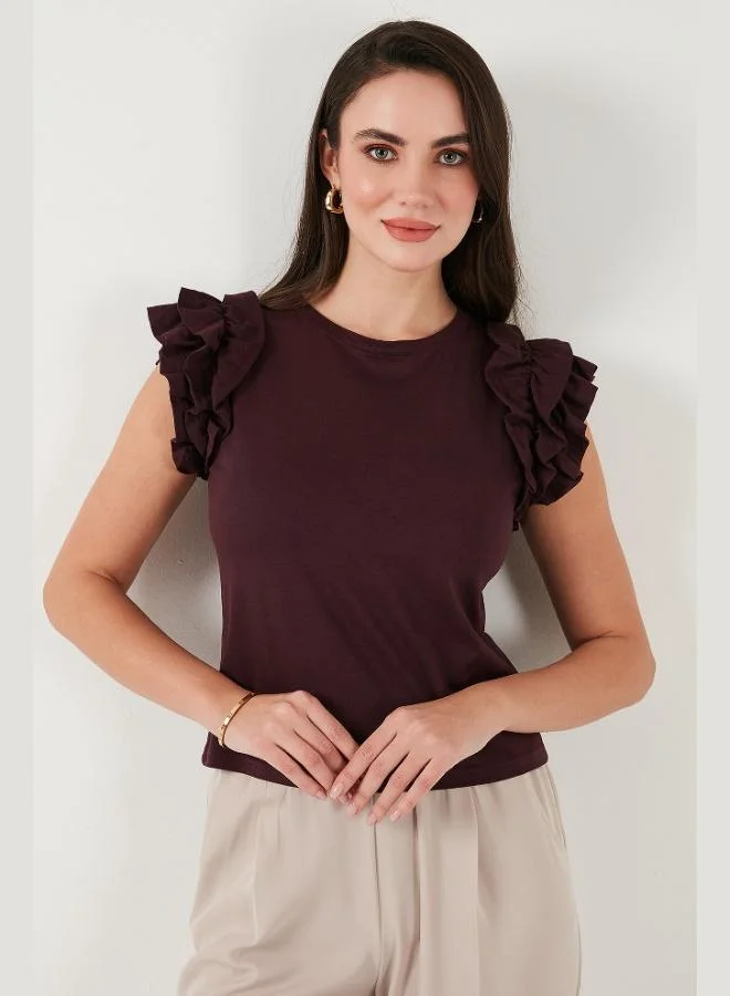 ليلا تيشيرت نسائي قطن بياقة دائرية وأكمام مكشكشة بقصة ضيقة